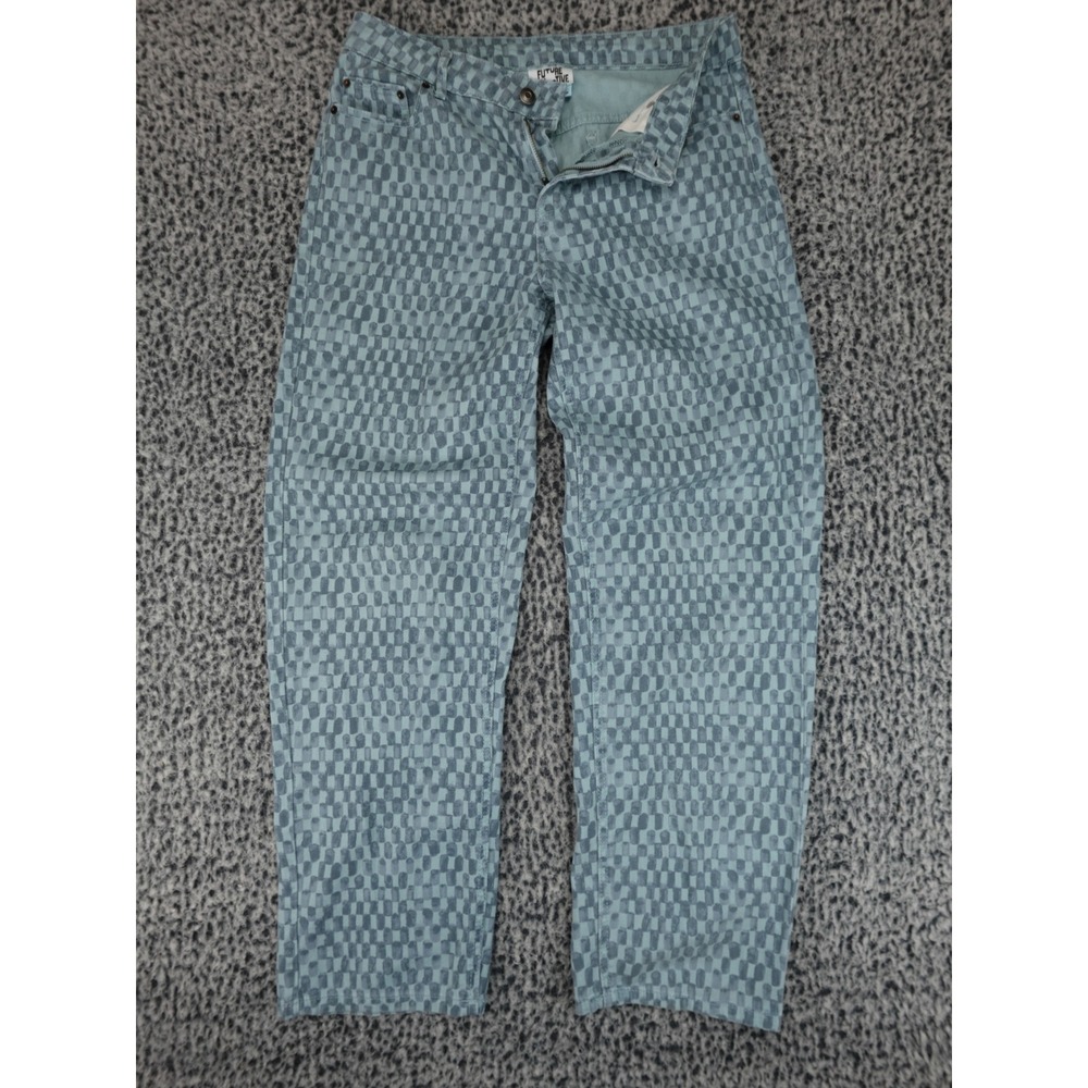 Future Collective Checkered Straight Leg Jeans Blue Teal Women Size 4 Relaxed
